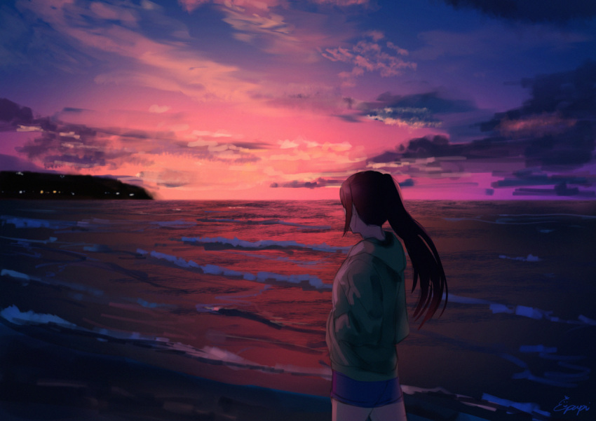 1girl artist_name beach blue_shorts clouds cloudy_sky green_hoodie hands_in_pockets hood hood_down hoodie long_hair long_ponytail long_sleeves love_live! love_live!_sunshine!! matsuura_kanan ocean papi_(papiron100) ponytail short_shorts shorts signature sky solo sunset waves