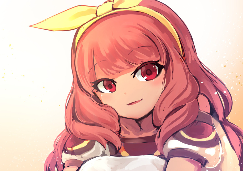 1girl blush celica_(fire_emblem) dress earrings fire_emblem fire_emblem_echoes:_mou_hitori_no_eiyuuou highres jewelry long_hair looking_at_viewer nakabayashi_zun red_eyes redhead smile solo tiara younger