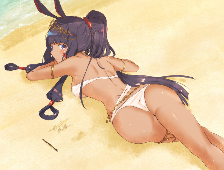 1girl armlet ass back bangs bare_shoulders beach belly_chain bikini blunt_bangs blush breasts dark_skin facepaint facial_mark fate/grand_order fate_(series) hair_tubes highres hips jackal_ears jewelry long_hair looking_at_viewer looking_back lying medium_breasts nitocris_(fate/grand_order) nitocris_(swimsuit_assassin)_(fate) on_stomach ponytail purple_hair sahara386 sidelocks smile solo swimsuit thighlet thighs tiara very_long_hair violet_eyes waist white_bikini white_swimsuit