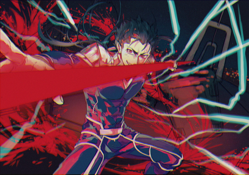 1boy blue_hair ebanoniwa electricity fate/stay_night fate_(series) foreshortening gae_bolg grin lancer long_hair male_focus polearm ponytail red_eyes smile solo spear weapon