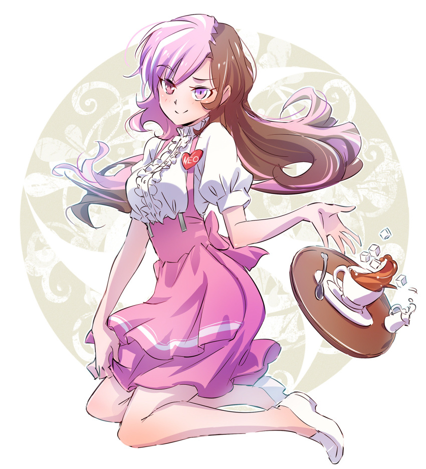 1girl anna_miller apron blouse brown_hair commentary_request cup frills heterochromia highres iesupa long_hair milk multicolored_hair name_tag neo_(rwby) pink_apron pink_eyes pink_hair pink_skirt rwby saucer skirt solo sugar_cube tea teacup tray violet_eyes waitress white_blouse