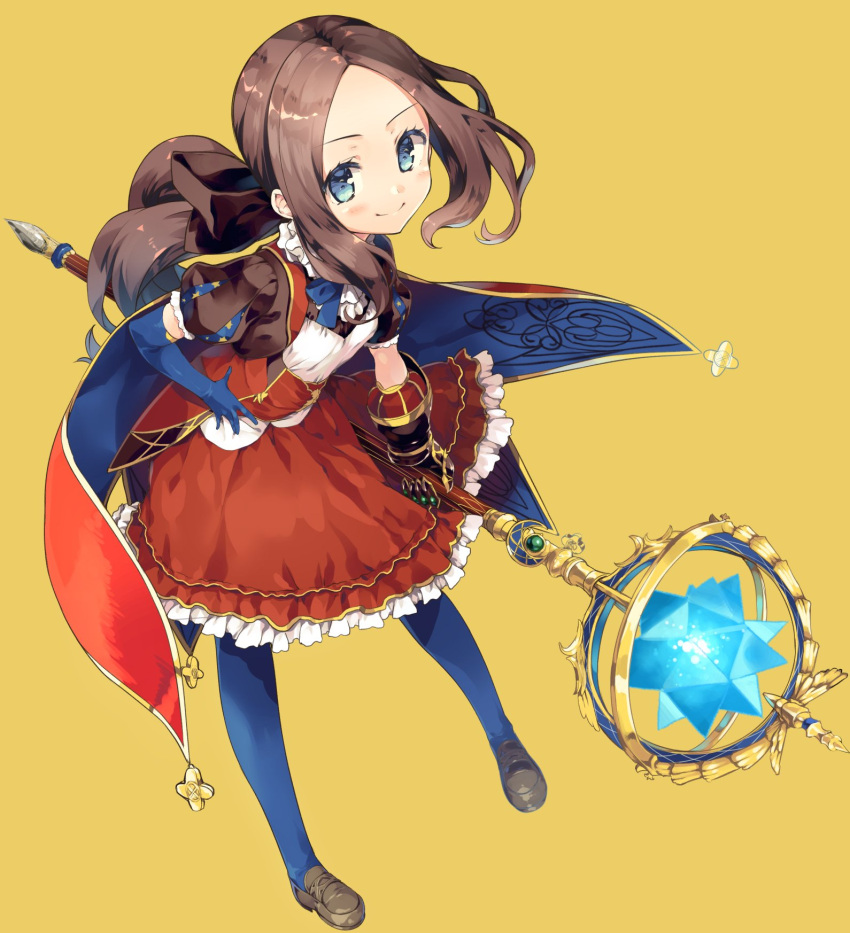 1girl blue_cape blue_eyes blue_gloves blue_legwear bow brown_hair cape cura dress elbow_gloves fate/grand_order fate_(series) gloves hair_bow hand_on_hip highres leonardo_da_vinci_(fate/grand_order) long_hair pantyhose ponytail red_cape red_dress ribbon shoes single_elbow_glove smile solo staff weapon