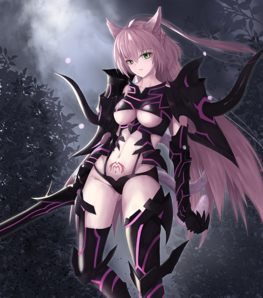 1girl absurdres agrius_metamorphosis ahoge animal_ears atalanta_(alter)_(fate) atalanta_(fate) bangs breasts cat_ears collar commentary_request eyebrows_visible_through_hair fate/grand_order fate_(series) green_eyes hair_between_eyes highres long_hair looking_at_viewer medium_breasts navel nekobell pubic_tattoo silver_hair solo stomach tail tattoo thigh-highs very_long_hair