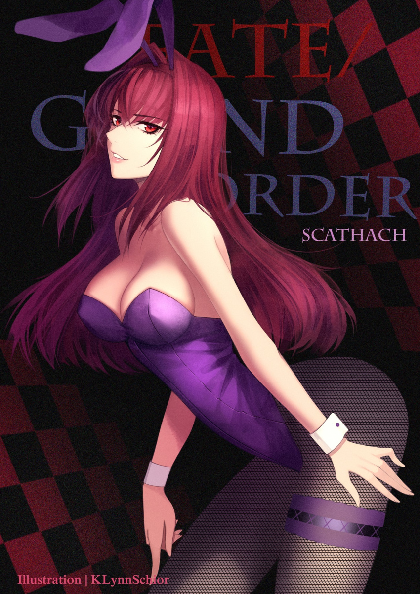 1girl alternate_costume animal_ears artist_name breasts character_name cleavage copyright_name eyebrows_visible_through_hair fate/grand_order fate_(series) fishnets hairband highres long_hair looking_at_viewer rabbit_ears red-d red_eyes redhead scathach_(fate/grand_order) smile solo very_long_hair wrist_cuffs