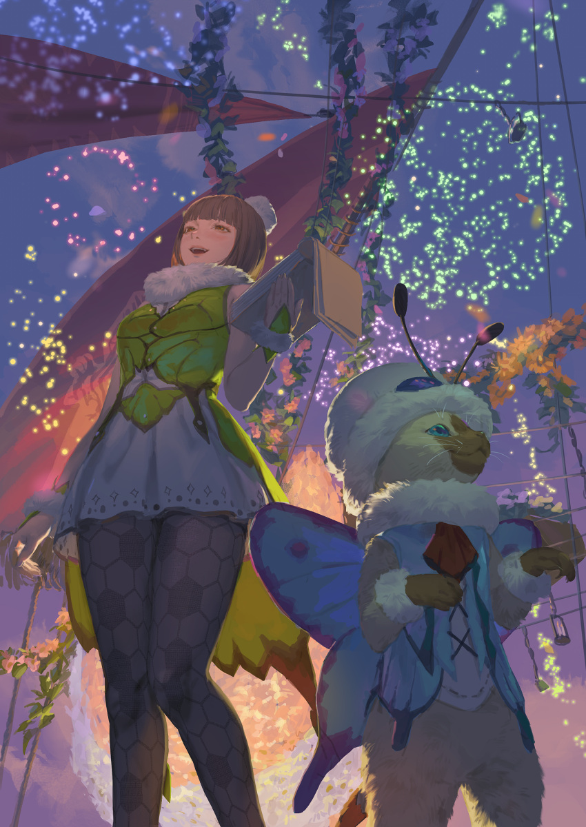 1girl :d bangs blunt_bangs brown_eyes brown_hair butterfly_wings cat clipboard commentary_request dress feet_out_of_frame felyne fireflies from_below fur_trim green_dress highres holding knees_together_feet_apart monster_hunter open_mouth pantyhose short_hair smile standing tunapon01 wings