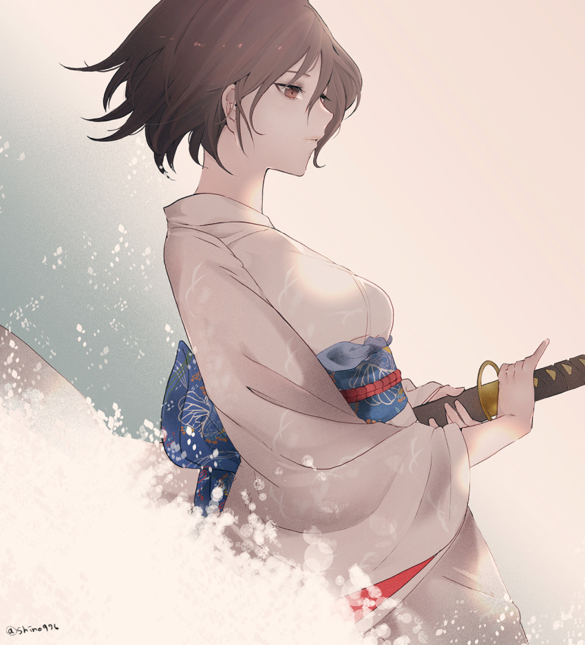 1girl blue_background breasts brown_eyes brown_hair commentary_request expressionless floating_hair from_side gradient gradient_background half-closed_eyes highres holding holding_sheath holding_sword holding_weapon japanese_clothes kara_no_kyoukai katana kimono long_sleeves looking_away looking_down medium_breasts multicolored multicolored_background obi parted_lips pink_background print_kimono print_obi ready_to_draw ryougi_shiki sash scabbard sheath shino_(mufn5785) short_hair solo standing sword twitter_username weapon white_kimono wide_sleeves wind