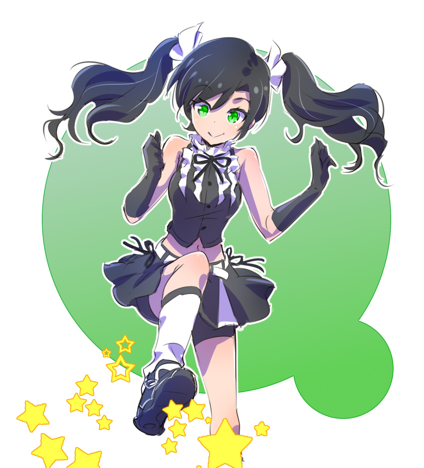 1girl alternate_costume alternate_hairstyle black_dress black_gloves black_hair black_skirt commentary_request dress gloves green_background green_eyes highres iesupa navel neo_(rwby) rwby short_shorts shorts skirt smile solo sparks star stepping twintails