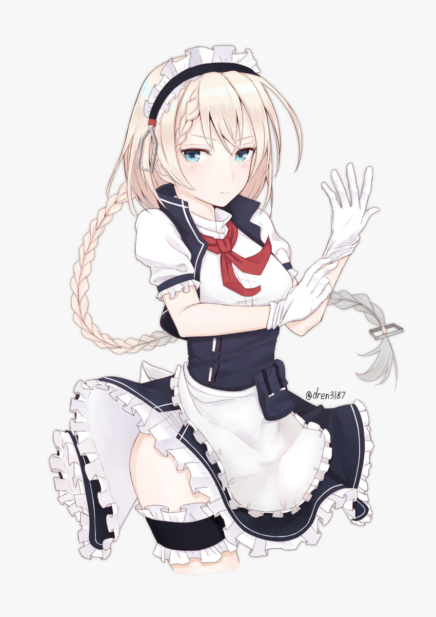 1girl adjusting_clothes adjusting_gloves apron bangs blonde_hair blue_dress blue_eyes blush braid breasts cropped_legs cropped_vest derclown dress eyebrows_visible_through_hair frills g36_(girls_frontline) girls_frontline gloves grey_background highres long_hair looking_at_viewer maid maid_apron maid_headdress neckerchief puffy_short_sleeves puffy_sleeves short_sleeves side_braid solo standing thigh_strap thighs twitter_username waist_apron white_gloves