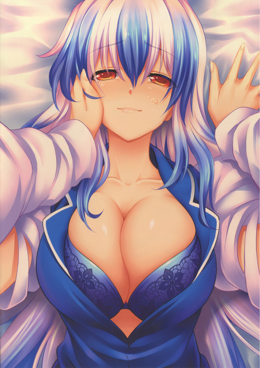 2girls bangs bed_sheet blue_bra blue_hair bra breasts cleavage closed_mouth collarbone eyebrows_visible_through_hair fingernails fujiwara_no_mokou half-closed_eyes hand_on_another's_cheek hand_on_another's_face highres hijikawa_arashi kamishirasawa_keine large_breasts lips long_hair long_sleeves looking_at_viewer lying multicolored_hair multiple_girls on_back pov red_eyes smile tears touhou two-tone_hair underwear upper_body white_hair yuri