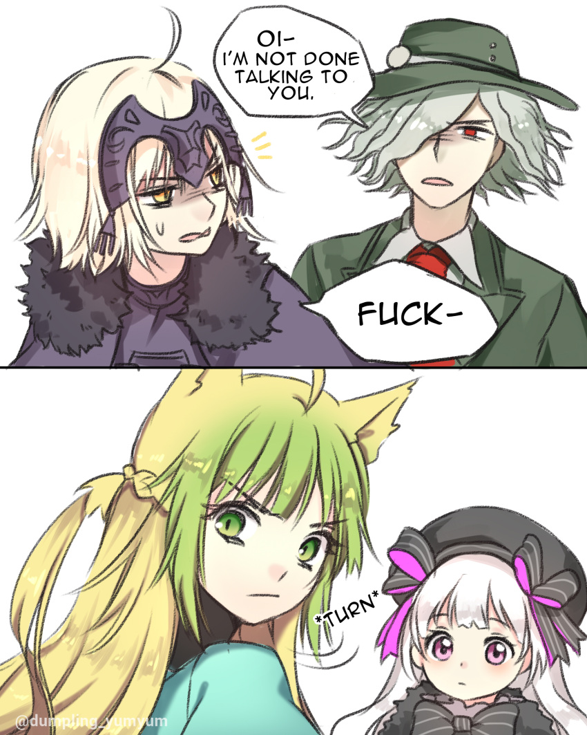 1boy 3girls ahoge animal_ears atalanta_(fate) bangs beret bow cat_ears comic edmond_dantes_(fate/grand_order) english fate/grand_order fate_(series) fedora fur_trim gradient_hair green_eyes green_hair grey_hair hat headpiece highres jeanne_d'arc_(alter)_(fate) jeanne_d'arc_(fate)_(all) looking_back multicolored_hair multiple_girls nursery_rhyme_(fate/extra) profanity silver_hair simple_background violet_eyes watermark white_background yellow_eyes yumyum