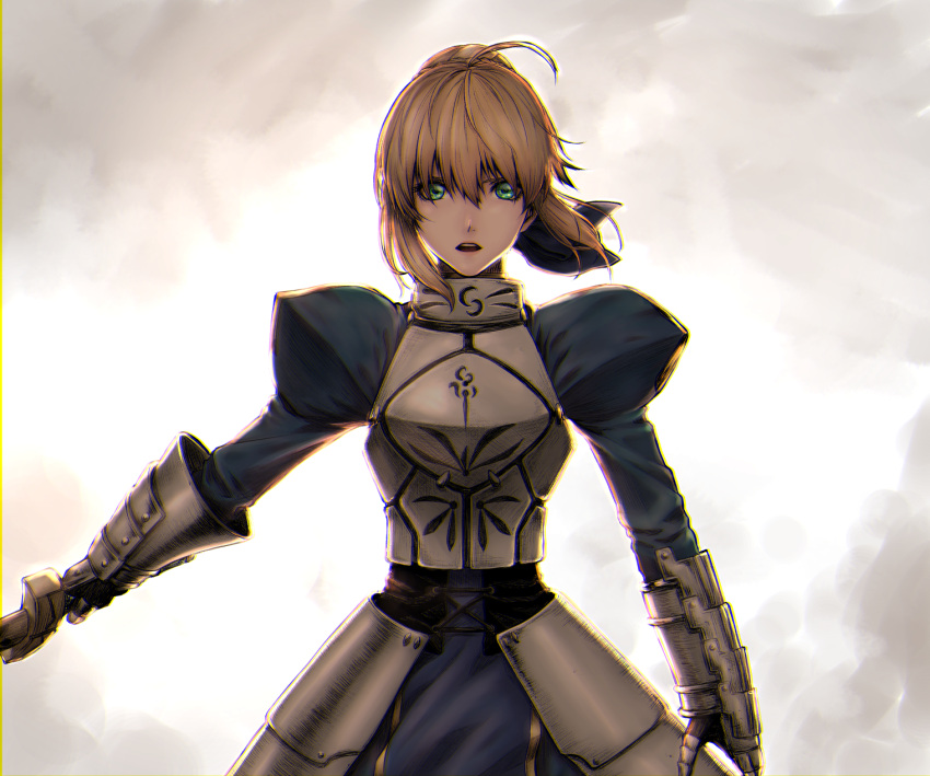 1girl ahoge armor armored_dress artoria_pendragon_(all) blonde_hair chromatic_aberration excalibur facing_viewer fate/grand_order fate_(series) green_eyes highres holding holding_sword holding_weapon mugetsu2501 saber standing sword weapon