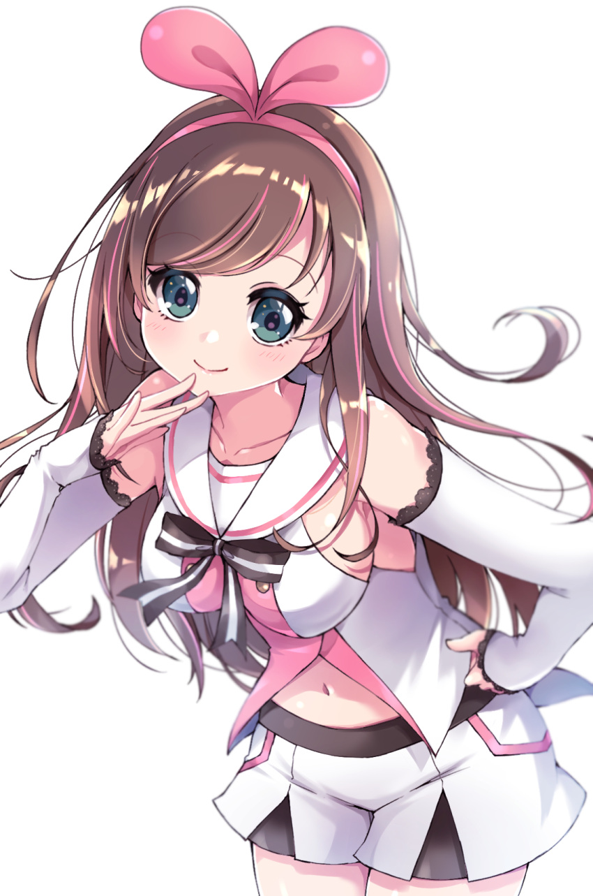 1girl a.i._channel bangs black_bow blue_eyes blush bow breasts brown_hair closed_mouth collarbone commentary_request detached_sleeves eyebrows_visible_through_hair hair_ribbon hairband hand_on_hip hand_to_own_mouth hand_up highres kizuna_ai large_breasts leaning_forward long_hair long_sleeves multicolored_hair navel pikomarie pink_hair pink_hairband pink_ribbon ribbon sailor_collar shirt short_shorts shorts sideboob sleeveless sleeveless_shirt sleeves_past_wrists smile solo streaked_hair striped striped_bow very_long_hair white_sailor_collar white_shirt white_shorts