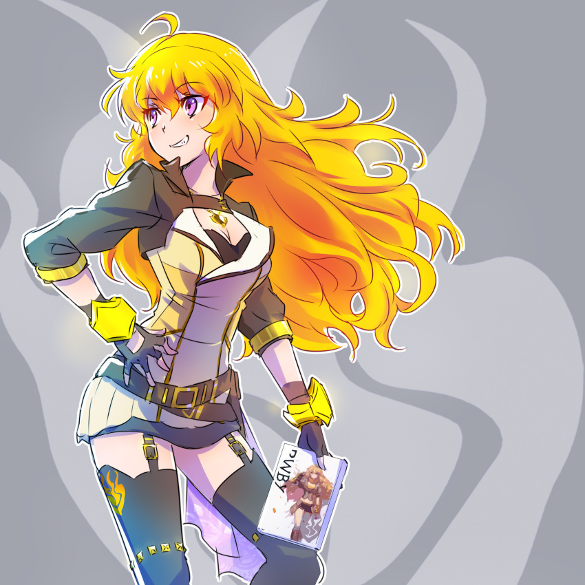 1girl ahoge blonde_hair book breasts cleavage commentary_request contrapposto copyright_name garter_straps grin highres holding holding_book iesupa jewelry medium_breasts necklace rwby smile solo standing thigh-highs violet_eyes yang_xiao_long