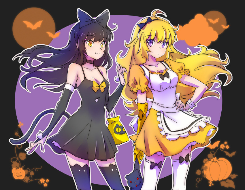 2girls ahoge bear black_hair blake_belladonna blonde_hair bow breasts cat_tail cleavage commentary_request fang goldilocks goldilocks_and_the_three_bears hair_bow halloween halloween_costume highres iesupa looking_at_viewer medium_breasts multiple_girls prosthesis prosthetic_arm pumpkin rwby scrunchie stuffed_animal stuffed_toy tail teddy_bear thigh-highs violet_eyes yang_xiao_long yellow_eyes