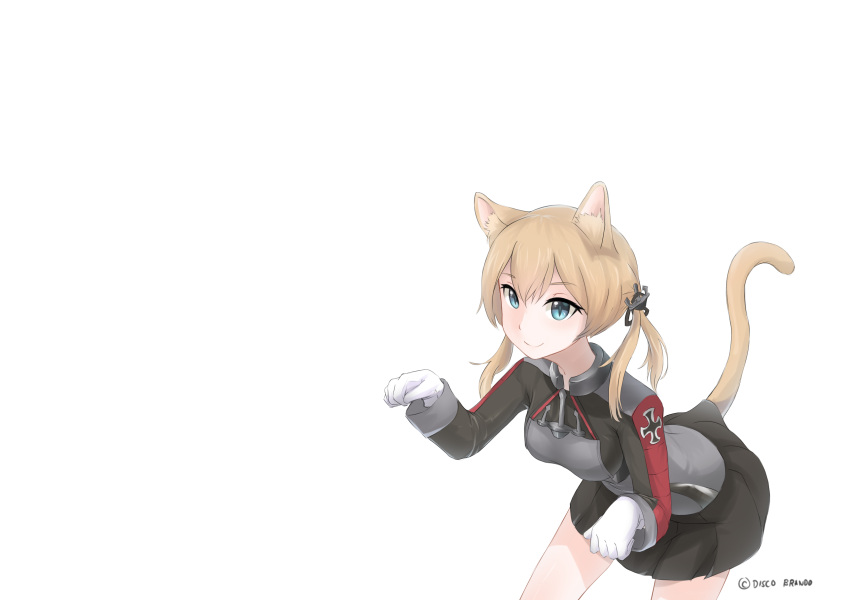 1girl animal_ears bent_over black_skirt blonde_hair blue_eyes cat_ears cat_tail commentary cowboy_shot disco_brando english_commentary gloves grey_jacket highres jacket kantai_collection kemonomimi_mode long_hair long_sleeves looking_at_viewer paw_pose pleated_skirt prinz_eugen_(kantai_collection) simple_background skirt smile solo tail twitter_username white_background white_gloves