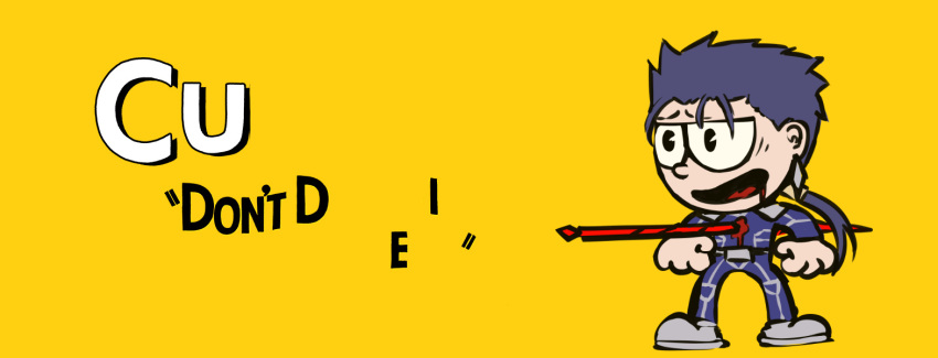 1boy blood blue blue_bodysuit blue_hair bodysuit chibi commentary cuphead cuphead_(game) disco_brando english english_commentary fate/stay_night fate_(series) gae_bolg grey_footwear injury lance lancer legs_apart long_hair long_sleeves male_focus open_mouth pac-man_eyes parody polearm ponytail shoes simple_background solo spoilers weapon yellow_background