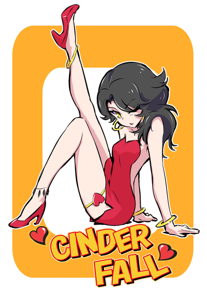 1girl anklet betty_boop_(character) black_hair bracelet cinder_fall commentary_request dress earrings english heart high_heels highres iesupa jewelry looking_at_viewer one_eye_closed red_footwear rwby shoes sleeveless sleeveless_dress solo yellow_eyes