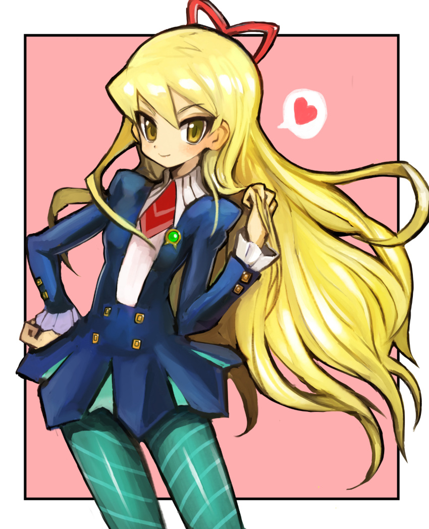 1girl alternate_hairstyle badge bangs blonde_hair blue_legwear blush border breasts buttons capcom dakusuta hair_ribbon hand_in_hair hand_on_hip heart highres long_hair looking_to_the_side outside_border pink_background red_ribbon ribbon rockman ryuusei_no_rockman school_uniform shirogane_luna simple_background small_breasts smile solo speech_bubble striped striped_legwear very_long_hair white_border yellow_eyes