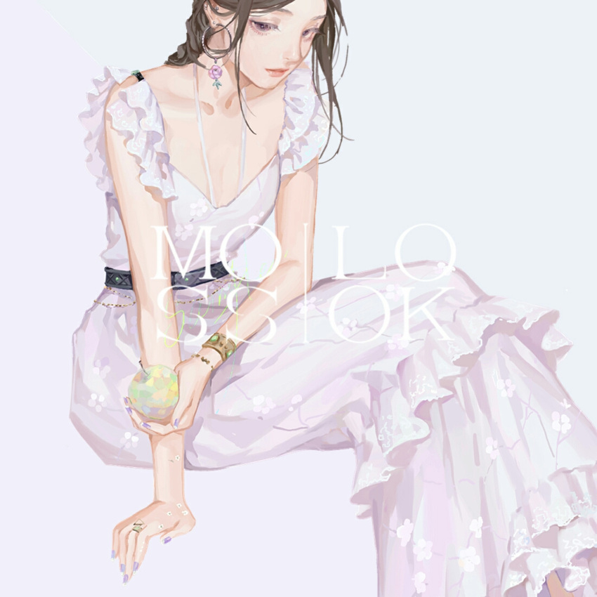 1girl apple artist_name bracelet brown_hair collarbone commentary dress earrings food fruit holding jewelry long_hair looking_at_viewer moss_(2225028) nail_polish orange_eyes original out_of_frame ring simple_background solo violet_eyes