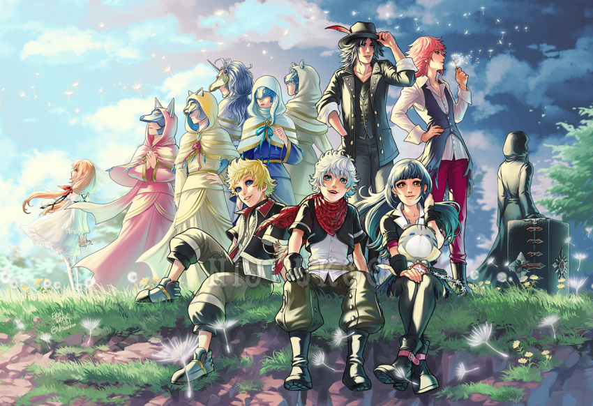 4girls 6+boys aced_(kingdom_hearts) ava_(kingdom_hearts) bear_mask black_cloak blaine_(kingdom_hearts) boots box chirithy cloak clouds cloudy_sky covered_eyes dandelion ephemer_(kingdom_hearts) everyone flower fox_mask grass gula_(kingdom_hearts) hands_together hat hat_feather hood hood_up horse_mask invi_(kingdom_hearts) ira_(kingdom_hearts) kingdom_hearts kingdom_hearts_unchained_x kingdom_hearts_x_back_cover lauriam luxu_(kingdom_hearts) mask multiple_boys multiple_girls nijuuni skuld_(kingdom_hearts) sky smile snake_mask strelitzia_(kingdom_hearts) ventus