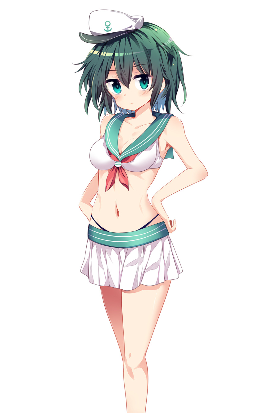 1girl adapted_costume anchor_symbol aqua_eyes bare_arms bare_shoulders bikini_bottom blush breasts cleavage collarbone commentary_request crop_top eyebrows_visible_through_hair feet_out_of_frame green_hair hair_between_eyes hand_on_hip hat highres looking_at_viewer maturiuta_sorato medium_breasts midriff murasa_minamitsu navel pleated_skirt red_neckwear sailor_collar sailor_hat short_hair simple_background skirt solo standing touhou white_background white_skirt
