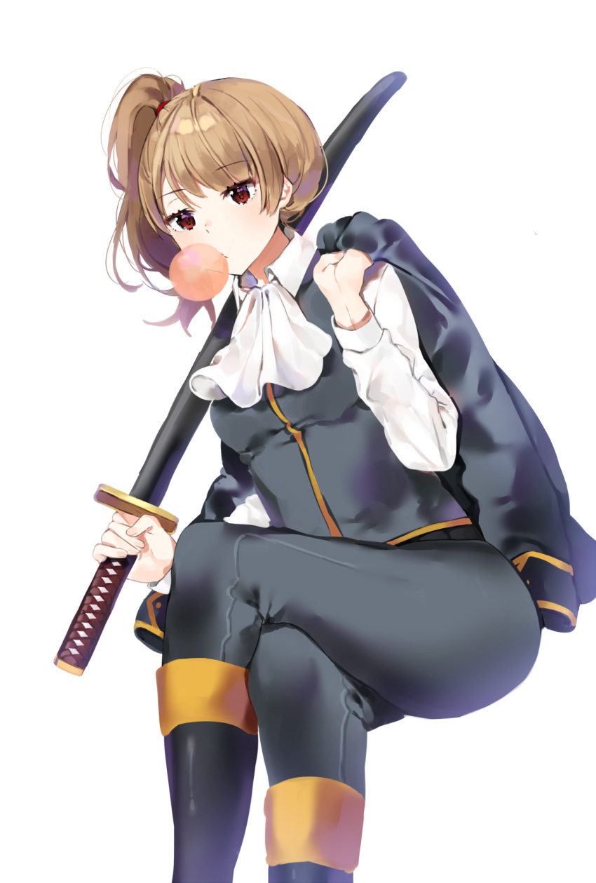 1girl blush breasts brown_hair bubble_blowing chewing_gum eyebrows_visible_through_hair genderswap genderswap_(mtf) gintama hair_between_eyes highres holding holding_sword holding_weapon katana legs_crossed long_hair okita_sougo ongyageum red_eyes sheath sheathed side_ponytail simple_background solo sword uniform weapon white_background