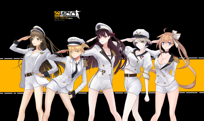 5girls blonde_hair blue_eyes bon_bon_choi breasts brown_eyes brown_hair cleavage commentary fal_(girls_frontline) girls_frontline green_eyes hat highres jacket k-2_(girls_frontline) long_hair looking_at_viewer military military_uniform multiple_girls ponytail purple_hair red_eyes short_hair short_shorts shorts side_ponytail silver_hair smile uniform vector_(girls_frontline) wa2000_(girls_frontline) welrod_mk2_(girls_frontline)