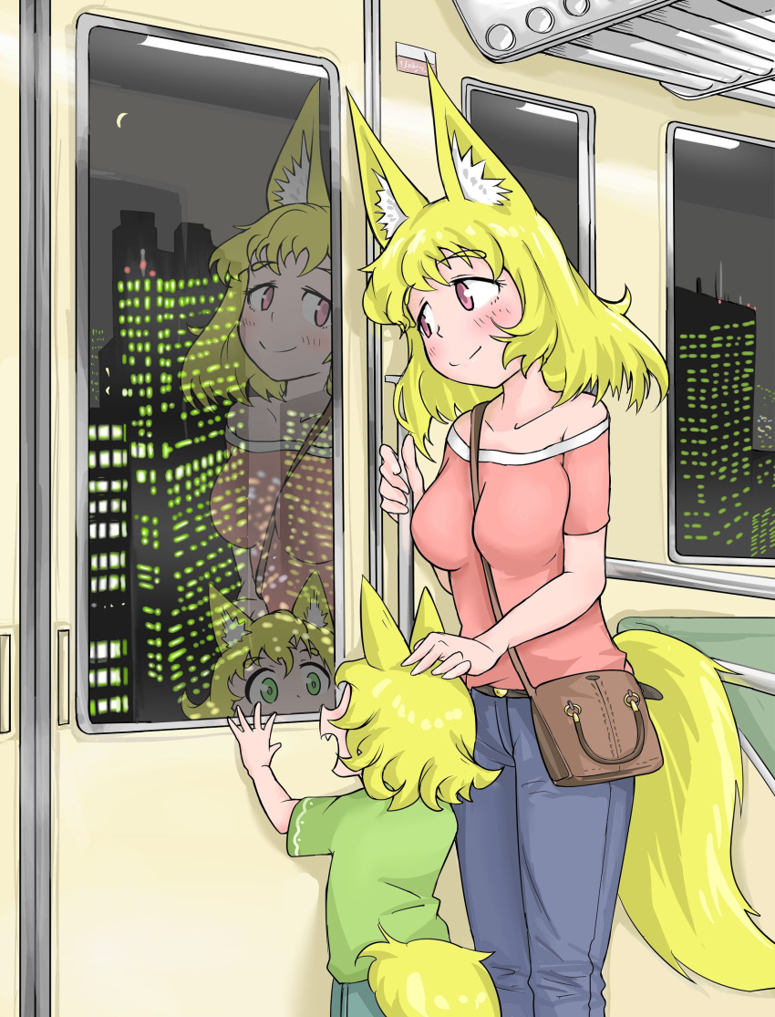 2girls :d animal_ears bag between_breasts blonde_hair blue_pants blush building city_lights closed_mouth commentary_request crescent_moon denim doitsuken fox_daughter_(doitsuken) fox_ears fox_tail fox_wife_(doitsuken) green_eyes green_shirt grey_shirt hand_on_another's_head handbag highres jeans moon mother_and_daughter multiple_girls open_mouth original pants pink_eyes reflection shirt short_hair short_sleeves skyscraper smile standing strap_cleavage tail train_interior window