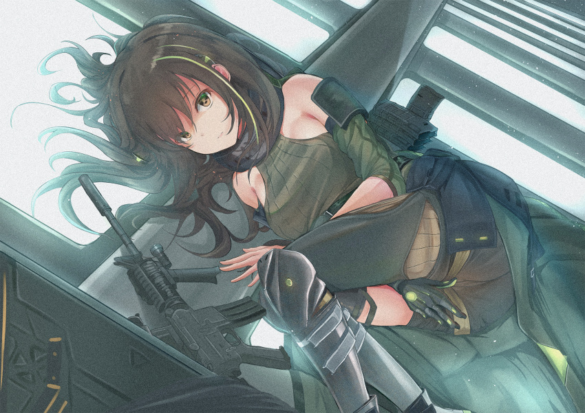 1girl arm_strap armband armor assault_rifle asymmetrical_legwear bangs bare_shoulders between_legs breasts brown_eyes brown_hair case clothes_around_waist collarbone detached_sleeves digi-mind_update_(girls_frontline) dust elbow_pads eyebrows_visible_through_hair floating_hair gauntlets girls_frontline gloves gun hair_between_eyes hand_between_legs headset highres jacket_around_waist light_particles long_hair looking_at_viewer lying m4a1_(girls_frontline) magazine_(weapon) multicolored_hair on_side open_mouth ribbed_legwear ribbed_sweater rifle scarf scope septet_(zrca_janne) sidelocks smile solo static strap streaked_hair sweater sweater_vest torn_jacket two-tone_hair weapon weapon_case