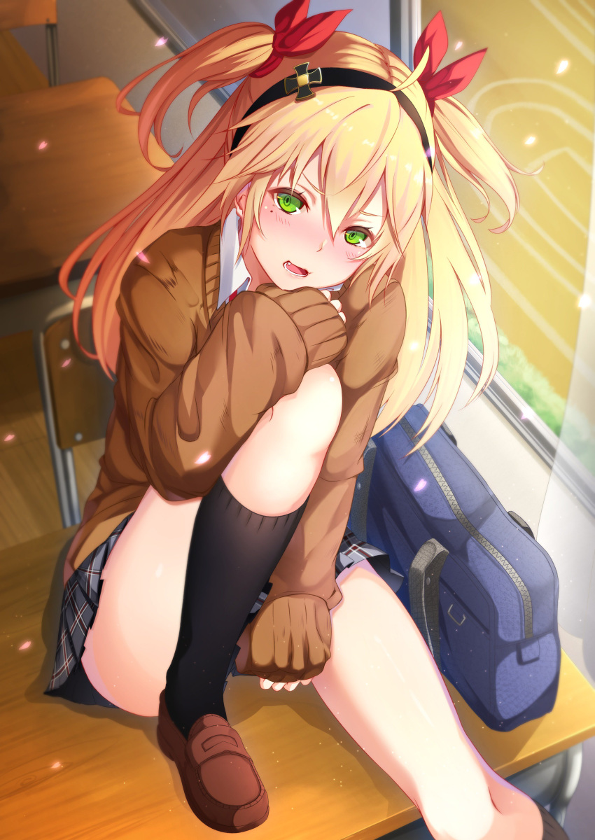 1girl absurdres admiral_hipper_(azur_lane) ahoge alternate_costume arm_between_legs azur_lane bag bangs black_legwear blonde_hair blush breasts brown_cardigan brown_footwear cardigan choker classroom collared_shirt day desk dust_particles embarrassed eyebrows_visible_through_hair fang from_above green_eyes hair_between_eyes hair_ribbon hairband hand_on_own_knee head_on_hand head_tilt highres iron_cross knee_up kneehighs loafers long_hair long_sleeves looking_at_viewer mole mole_under_eye on_desk open_mouth open_window petals plaid plaid_skirt pleated_skirt red_ribbon ribbon school_bag school_desk school_uniform school_yard seriya shirt shoes sidelocks sitting skirt sleeves_past_wrists solo thighs tsundere tsurime two_side_up uniform white_shirt wind