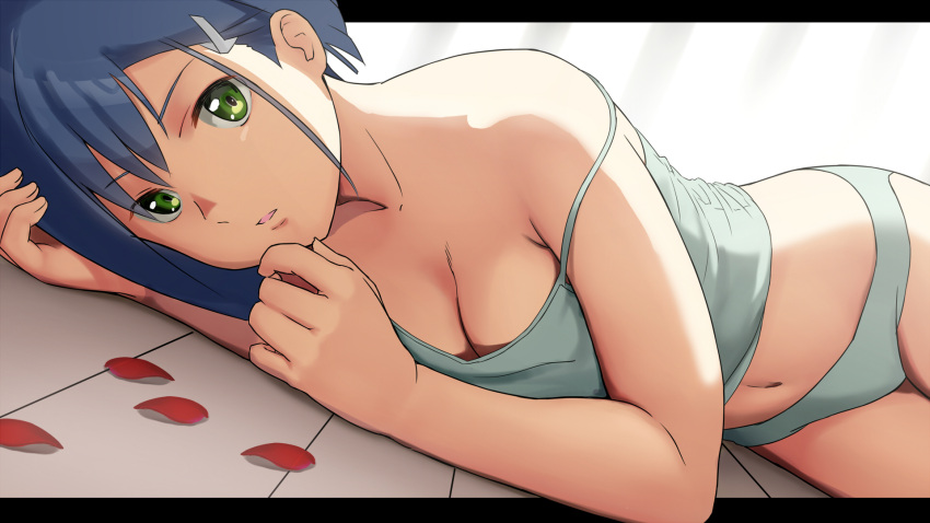 1girl aqua_panties bangs bare_legs bare_shoulders blue_hair breasts camisole cleavage collarbone darling_in_the_franxx dutch_angle flat_chest green_eyes hair_ornament hairclip highlights highres ichigo_(darling_in_the_franxx) letterboxed lying medium_breasts multicolored_hair navel on_floor on_side panties parted_lips short_hair solo spaghetti_strap stomach strap_slip tomitayaki underwear underwear_only