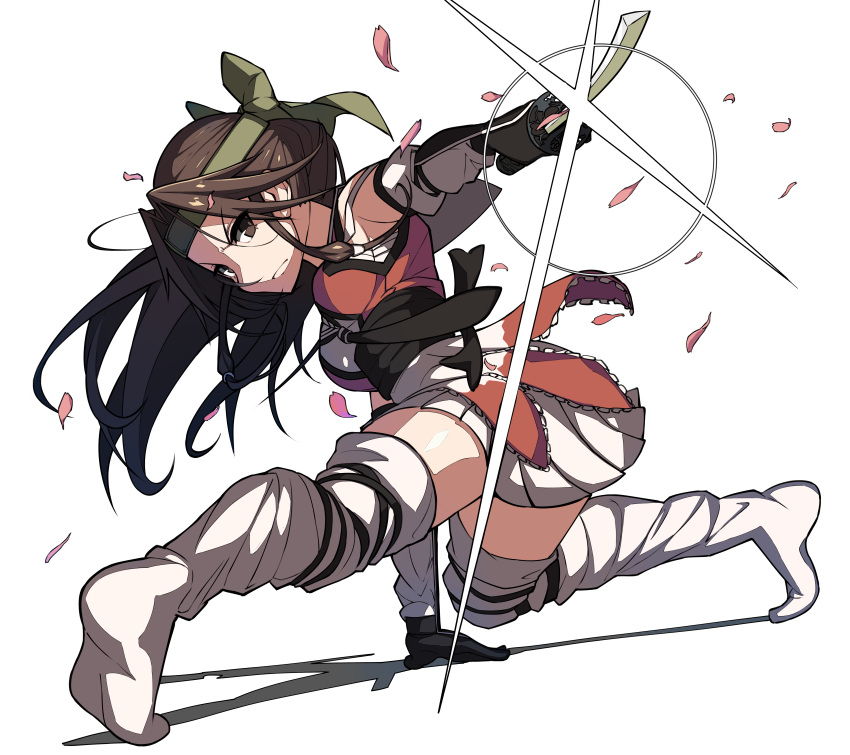 1girl absurdres bow brown_eyes brown_hair cherry_blossoms elbow_gloves forehead_protector full_body gloves green_bow hachimaki hair_bow hair_intakes half_updo headband highres holding holding_sword holding_weapon jintsuu_(kantai_collection) kantai_collection karasuma_kuraha katana long_hair looking_at_viewer no_shoes petals remodel_(kantai_collection) school_uniform serafuku simple_background solo sword thigh-highs weapon white_background white_legwear