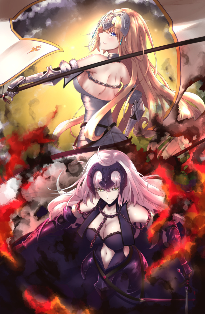 2girls armor armored_dress banner black_dress black_gloves blonde_hair blue_eyes breasts chains cleavage dress elbow_gloves eyebrows_visible_through_hair fate/grand_order fate_(series) floating_hair fur_trim gauntlets gloves grey_dress head_tilt highres holding holding_sword holding_weapon jeanne_d'arc_(alter)_(fate) jeanne_d'arc_(fate) jeanne_d'arc_(fate)_(all) long_hair looking_at_viewer medium_breasts multiple_girls navel navel_cutout shiroshisu sideboob silver_hair sword very_long_hair weapon yellow_eyes