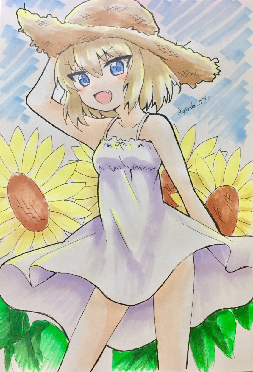 1girl :d bangs blonde_hair blue_eyes blue_sky brown_hat commentary cowboy_shot dress fang flower girls_und_panzer hand_on_headwear hat highres katyusha looking_at_viewer medium_request open_mouth parda_siko short_dress short_hair sky smile solo spaghetti_strap standing straw_hat sun_hat sundress sunflower traditional_media twitter_username v-shaped_eyebrows white_dress wind
