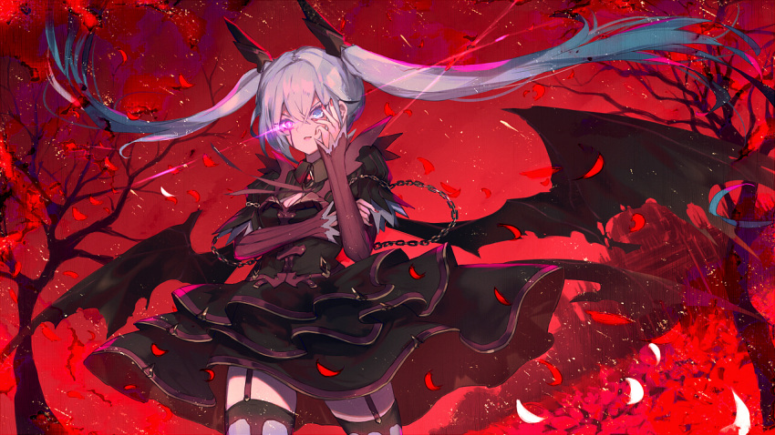 1girl black_dress black_wings blue_eyes breasts cleavage cowboy_shot demon_wings dress floating_hair garter_straps glowing glowing_eye hair_ornament hatsune_miku heterochromia layered_dress long_hair parted_lips pink_eyes red_sky silver_hair sky small_breasts solo standing thigh-highs torn_wings twintails uni_(bom19850101) very_long_hair vocaloid wings