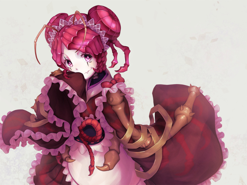 1girl antennae apron budda dress entoma_vasilissa_zeta fangs frilled_dress frilled_sleeves frills insect_girl looking_at_viewer maid_headdress monster_girl overlord_(maruyama) red_eyes redhead sleeves_past_wrists solo wa_maid wide_sleeves