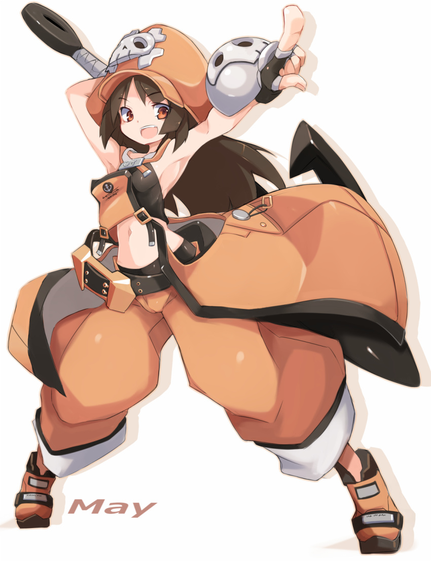 1girl :d anchor armpits bangs black_gloves blush boots breasts brown_eyes brown_footwear brown_hair brown_hat brown_pants character_name commentary_request crop_top eyebrows_visible_through_hair fingerless_gloves fingernails gloves grey_background guilty_gear hat highres holding karukan_(monjya) long_hair may_(guilty_gear) medium_breasts navel open_mouth outstretched_arm pants pointing puffy_pants skull sleeveless smile solo standing upper_teeth