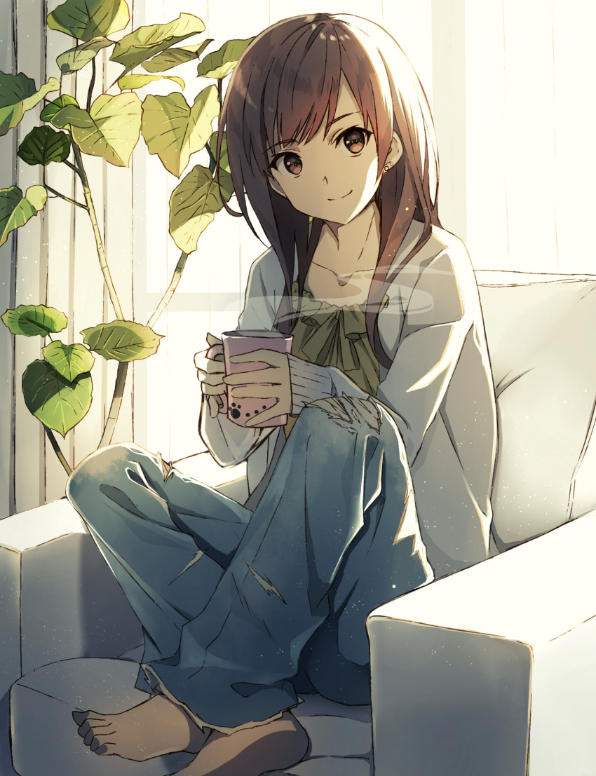 1girl armchair bangs barefoot blue_pants brown_eyes brown_hair chair closed_mouth collarbone commentary_request crossed_ankles curtains day denim eyebrows_visible_through_hair fumio_(kanmi) green_shirt head_tilt highres holding holding_mug indoors jacket jeans looking_at_viewer open_clothes open_jacket original pants shirt sitting smile solo steam sunlight torn_clothes torn_jeans torn_pants white_jacket window