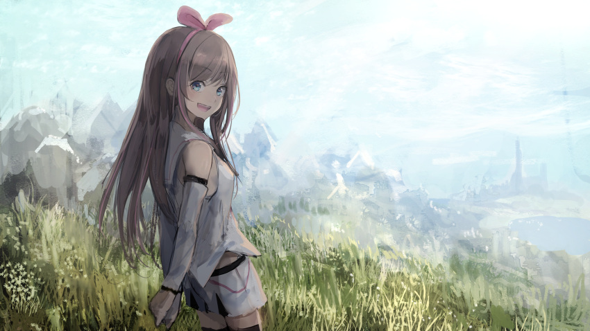 1girl :d a.i._channel arms_behind_back bangs bare_shoulders blue_eyes blue_sky blush brown_hair clouds day detached_sleeves eyebrows_visible_through_hair grass highres kizuna_ai kumamoto_nomii-kun long_hair long_sleeves looking_at_viewer looking_to_the_side mountain multicolored_hair open_mouth outdoors pink_hair sailor_collar shirt short_shorts shorts sky sleeveless sleeveless_shirt smile solo streaked_hair upper_teeth very_long_hair virtual_youtuber white_sailor_collar white_shirt white_shorts