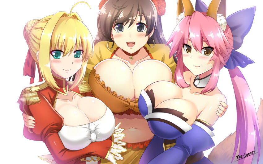 3girls animal_ears bangs blonde_hair blue_legwear blue_ribbon blush braid breasts brown_hair c: choker cleavage closed_mouth collarbone cowboy_shot crop_top crossed_arms detached_sleeves dress earrings eyebrows_visible_through_hair fate/extra fate/grand_order fate_(series) flower fox_ears fox_tail french_braid frills green_eyes grey_eyes hair_bun hair_flower hair_intakes hair_ornament hair_ribbon hoop_earrings hug japanese_clothes jewelry large_breasts long_hair looking_afar looking_at_viewer mata_hari_(fate/grand_order) multiple_girls nero_claudius_(fate) nero_claudius_(fate)_(all) open_mouth orange_dress pink_hair puffy_short_sleeves puffy_sleeves red_dress ribbon sash shiny shiny_hair shiny_skin short_sleeves sidelocks signature simple_background smile tail tamamo_(fate)_(all) tamamo_no_mae_(fate) the-sinner thigh-highs upper_body white_background wrist_cuffs yellow_eyes