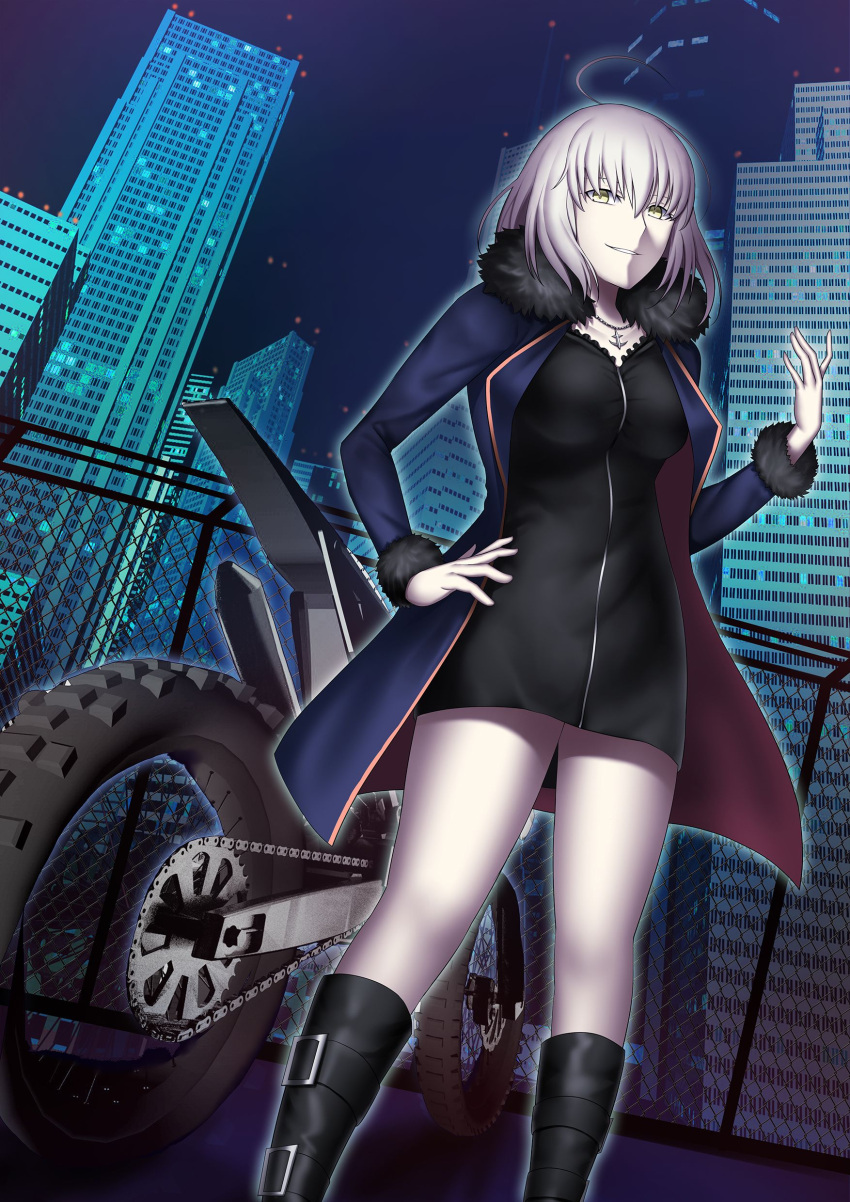 1girl absurdres ahoge black_dress black_footwear boots city collarbone dress dutch_angle fate/grand_order fate_(series) from_below fur_trim grin ground_vehicle hand_on_hip highres jeanne_d'arc_(alter)_(fate) jeanne_d'arc_(fate)_(all) jewelry knee_boots kuraka long_hair looking_at_viewer motor_vehicle motorcycle necklace night outdoors parted_lips short_dress silver_hair smile solo yellow_eyes