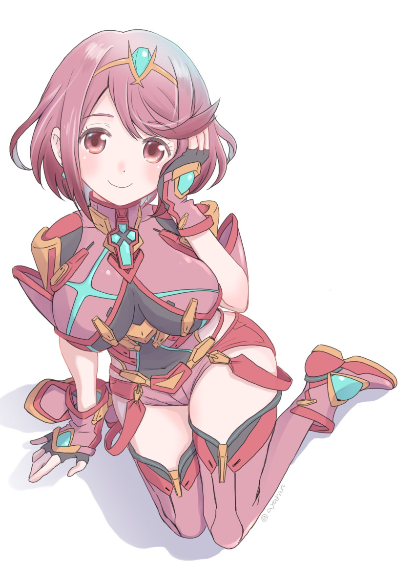 1girl ayaran bangs covered_navel earrings fingerless_gloves gloves highres pyra_(xenoblade) jewelry looking_at_viewer red_shorts redhead short_hair shorts shoulder_armor sidelocks smile solo swept_bangs tiara xenoblade_(series) xenoblade_2