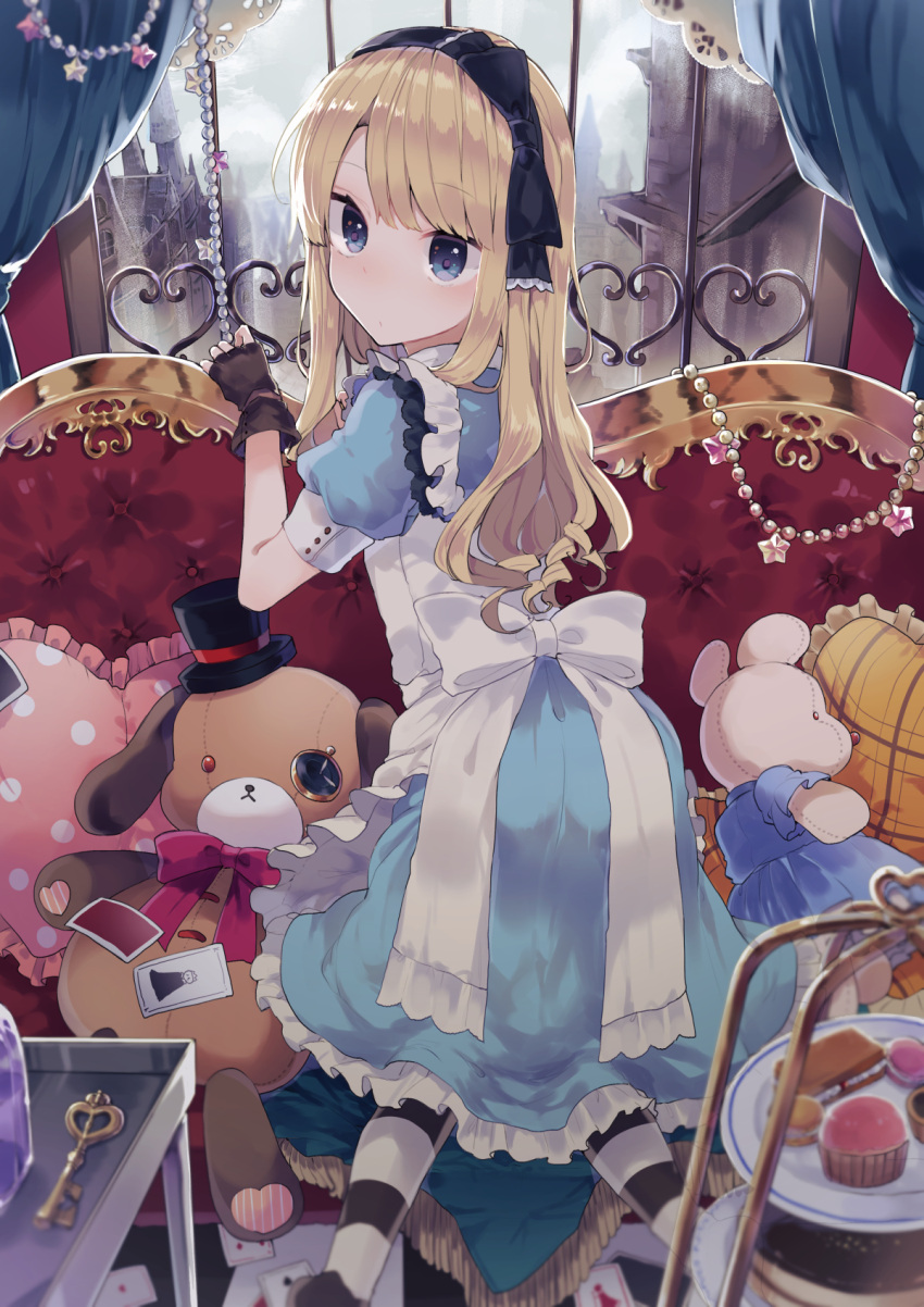 1girl alice_(wonderland) alice_in_wonderland apron ass bangs black_bow black_gloves black_hat blonde_hair blue_dress blue_eyes blurry blush bow cake card closed_mouth clouds commentary_request couch cupcake curtains depth_of_field diamond_(shape) dress eyebrows_visible_through_hair feet_out_of_frame fingerless_gloves food frilled_apron frilled_dress frilled_pillow frills from_behind gloves hair_bow hairband hands_up hat heart heart_pillow highres ikeuchi_tanuma indoors key kneeling long_hair looking_at_viewer looking_back macaron maid_apron mini_hat mini_top_hat muffin no_shoes original pantyhose pillow plaid plaid_pillow playing_card polka_dot polka_dot_pillow puffy_short_sleeves puffy_sleeves short_sleeves sky solo spade_(shape) star striped striped_legwear stuffed_animal stuffed_bunny stuffed_mouse stuffed_toy teddy_bear tiered_tray top_hat tsurime very_long_hair white_apron window