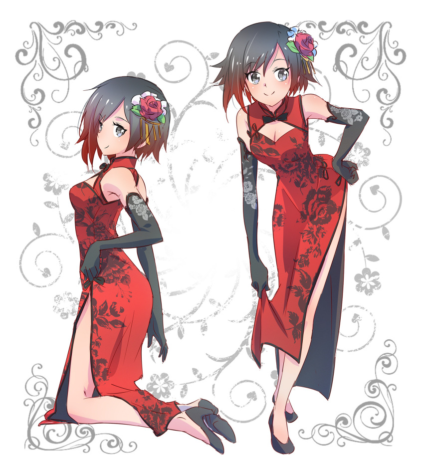 1girl armpits black_hair breasts china_dress chinese_clothes cleavage commentary_request dress elbow_gloves floral_print flower gloves grey_eyes hair_flower hair_ornament high_heels highres iesupa medium_breasts multicolored_hair pose pumps red_dress redhead ruby_rose rwby smile solo thighs