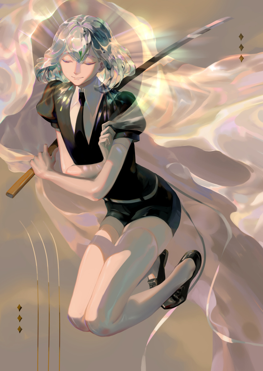 1other absurdres bent_elbows bent_knees black_dress black_footwear closed_eyes closed_mouth commentary_request diamond_(houseki_no_kuni) diamond_(symbol) dress highres holding holding_weapon houseki_no_kuni multicolored multicolored_hair short_sleeves simple_background solo taro-k weapon