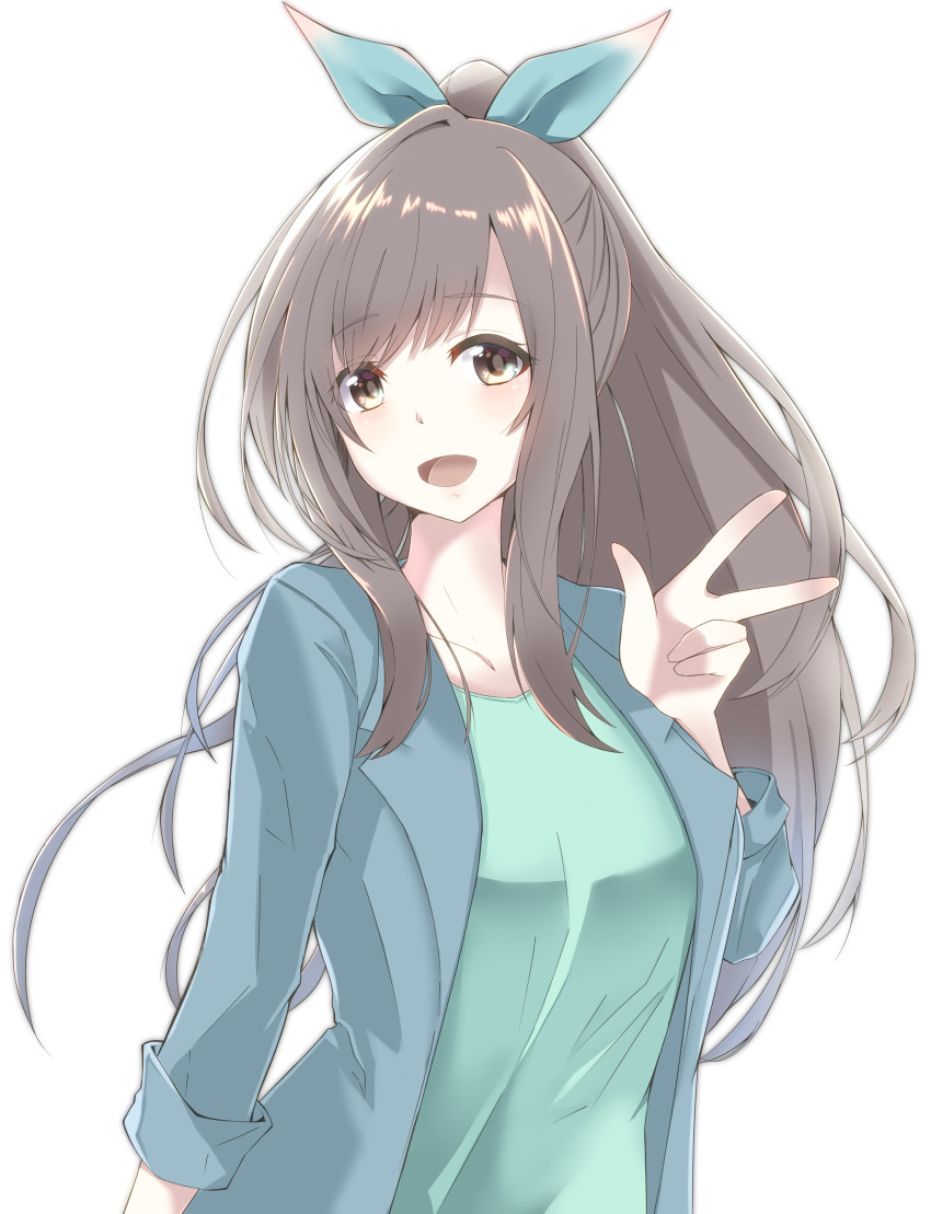 1girl absurdres bangs blue_blazer blue_bow bow breasts brown_eyes brown_hair eyebrows_visible_through_hair formal green_shirt hair_bow highres idolmaster idolmaster_shiny_colors long_hair looking_at_viewer open_mouth ponytail ribbon shirt smile solo soundsechop tsukioka_kogane v