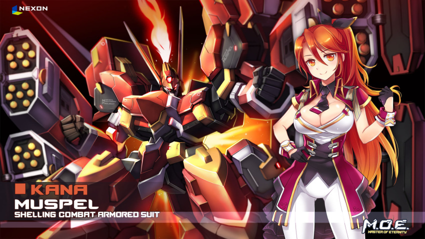 1girl breasts character_name cleavage cleavage_cutout clenched_hand company_name copyright_name eyebrows_visible_through_hair fire flame gloves glowing gluteal_fold gradient_hair hand_on_hip highres kana_(master_of_eternity) large_breasts master_of_eternity mecha missile_pod multicolored_hair muspel_(master_of_eternity) necktie nexon official_art orange_eyes orange_hair wallpaper wrist_cuffs