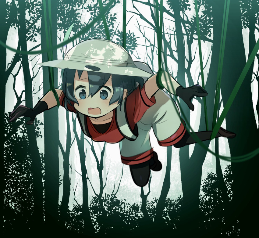 1girl backpack bag black_hair blue_eyes bound bucket_hat eyebrows_visible_through_hair feathers gloves hat highres kaban_(kemono_friends) kemono_friends loafers pantyhose plant shirt shoes short_hair short_sleeves shorts solo t-shirt tied_up vines yutsu