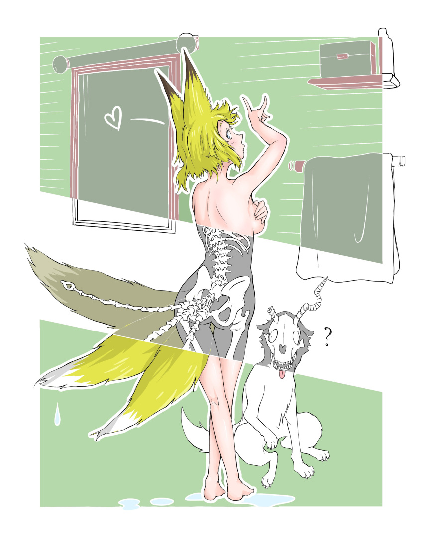 1girl ? absurdres animal_ears ass barefoot blonde_hair blue_eyes box breasts commentary_request covering covering_breasts dog doitsuken fox_ears fox_shadow_puppet fox_tail hand_up heart highres horns indoors legs_crossed looking_at_viewer looking_back medium_breasts multiple_tails nude original skeleton skull solo standing tail thigh_gap water_drop wet x-ray