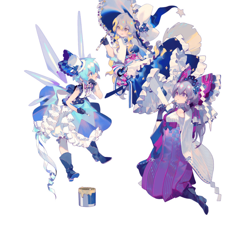 3girls adapted_costume ascot blonde_hair blue_eyes blue_hair boots bow brown_eyes brown_hair cirno detached_sleeves dress frilled_dress frills hair_bow hair_tubes hakurei_reimu hat ice ice_wings kirisame_marisa lace lace-trimmed_dress long_hair mary_janes multiple_girls obi paint_can paintbrush rei_(sanbonzakura) ribbon sash shide shirt shoes short_hair simple_background skirt sleeveless sleeveless_shirt top_hat touhou transparent_background wide_sleeves wings witch_hat yellow_eyes